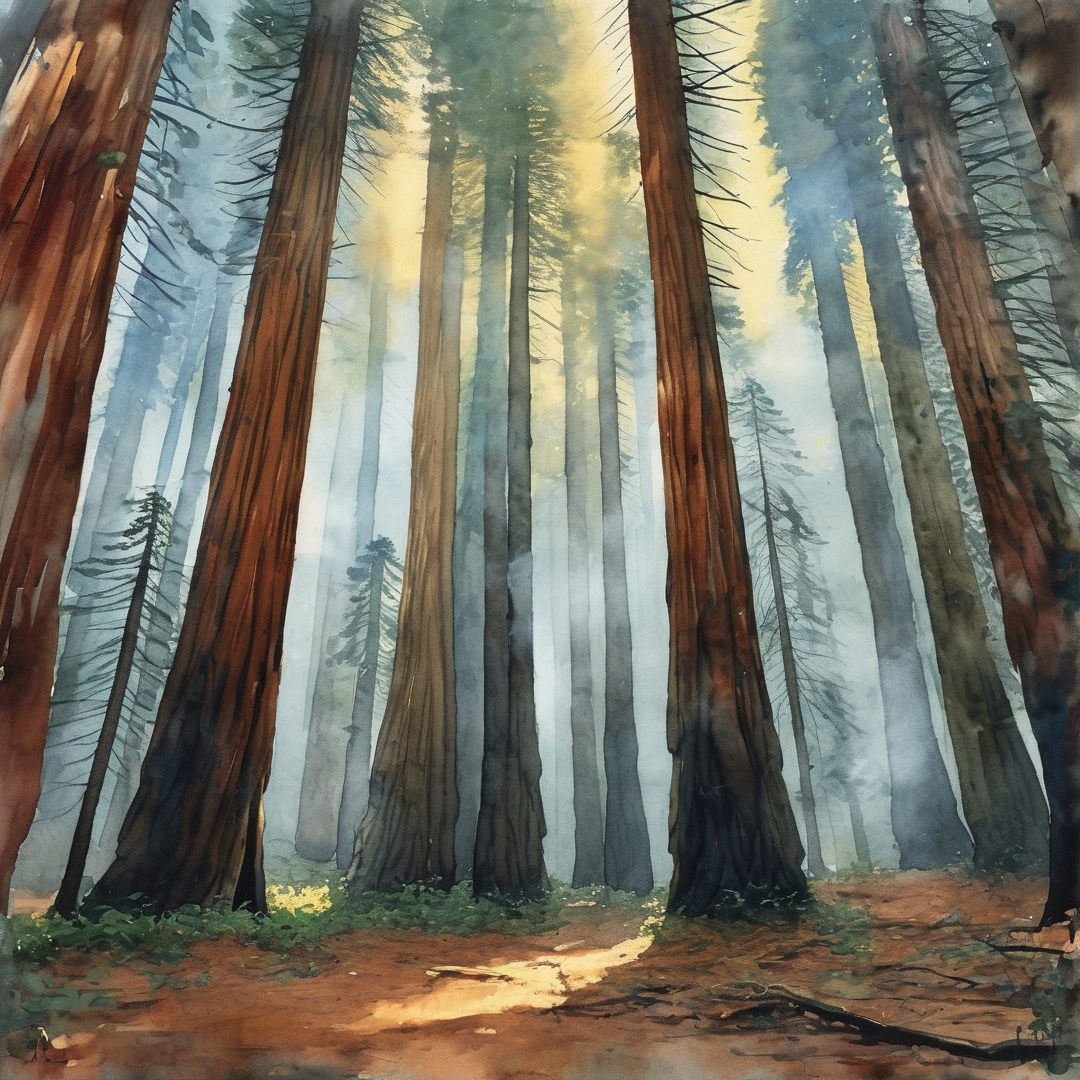Tall trees stand in a misty forest with golden sunlight streaming through the branches and onto the ground.