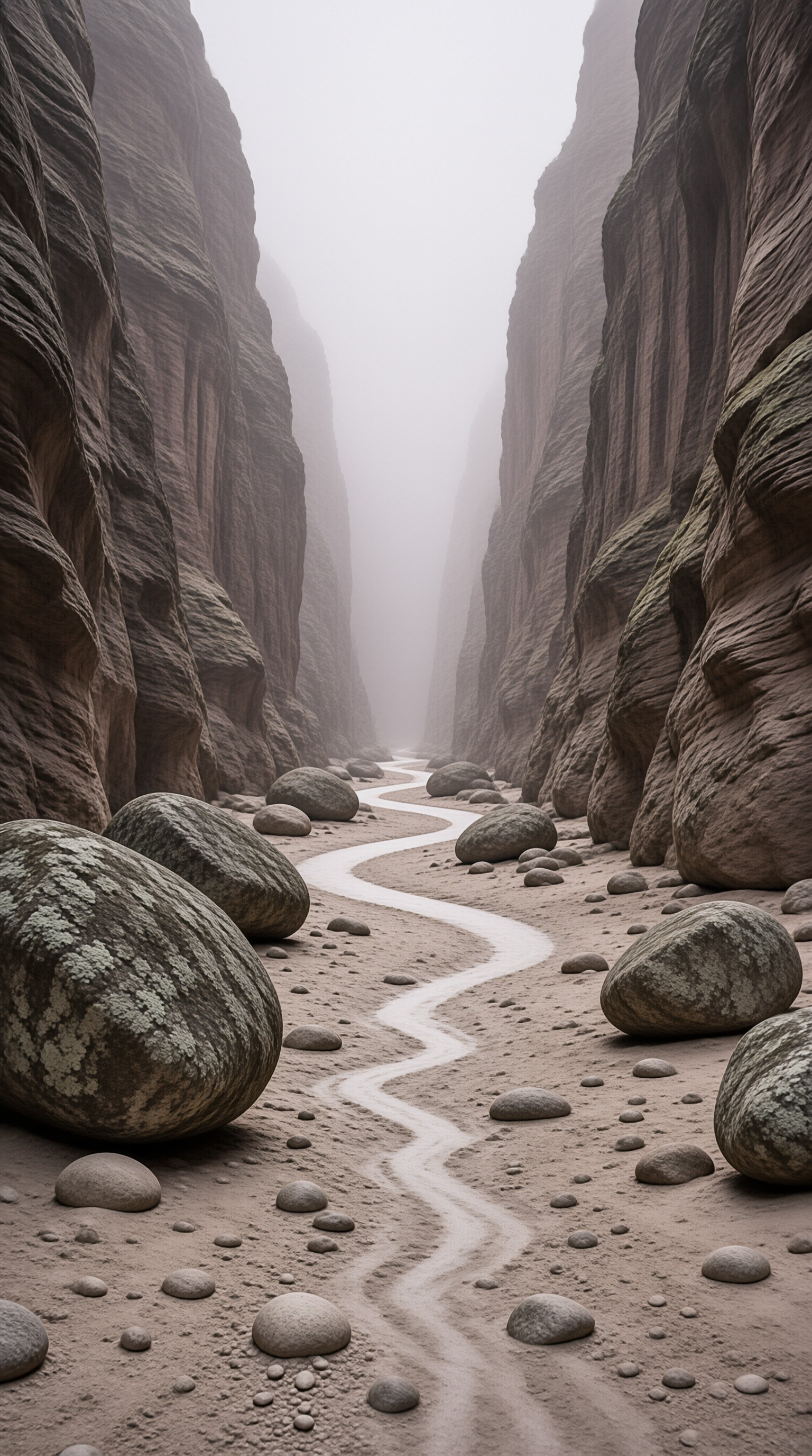 A pale stream winds through a deep canyon lined with steep rock walls and large smooth boulders under a foggy sky.