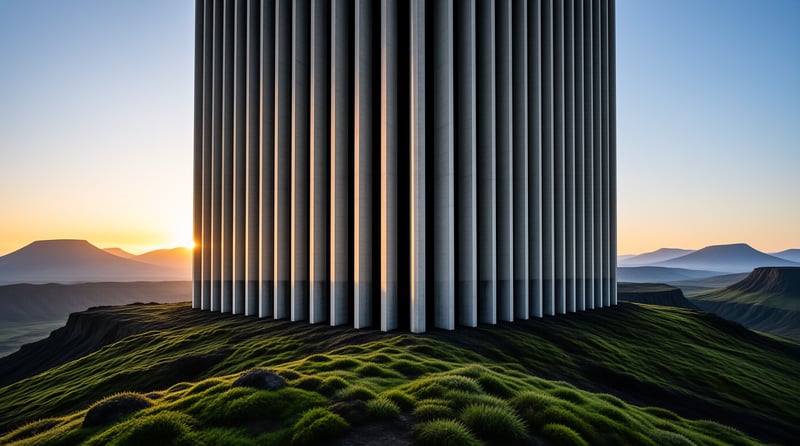Tall fluted concrete columns rise from a mossy green ridge as the sun sets behind distant hills.