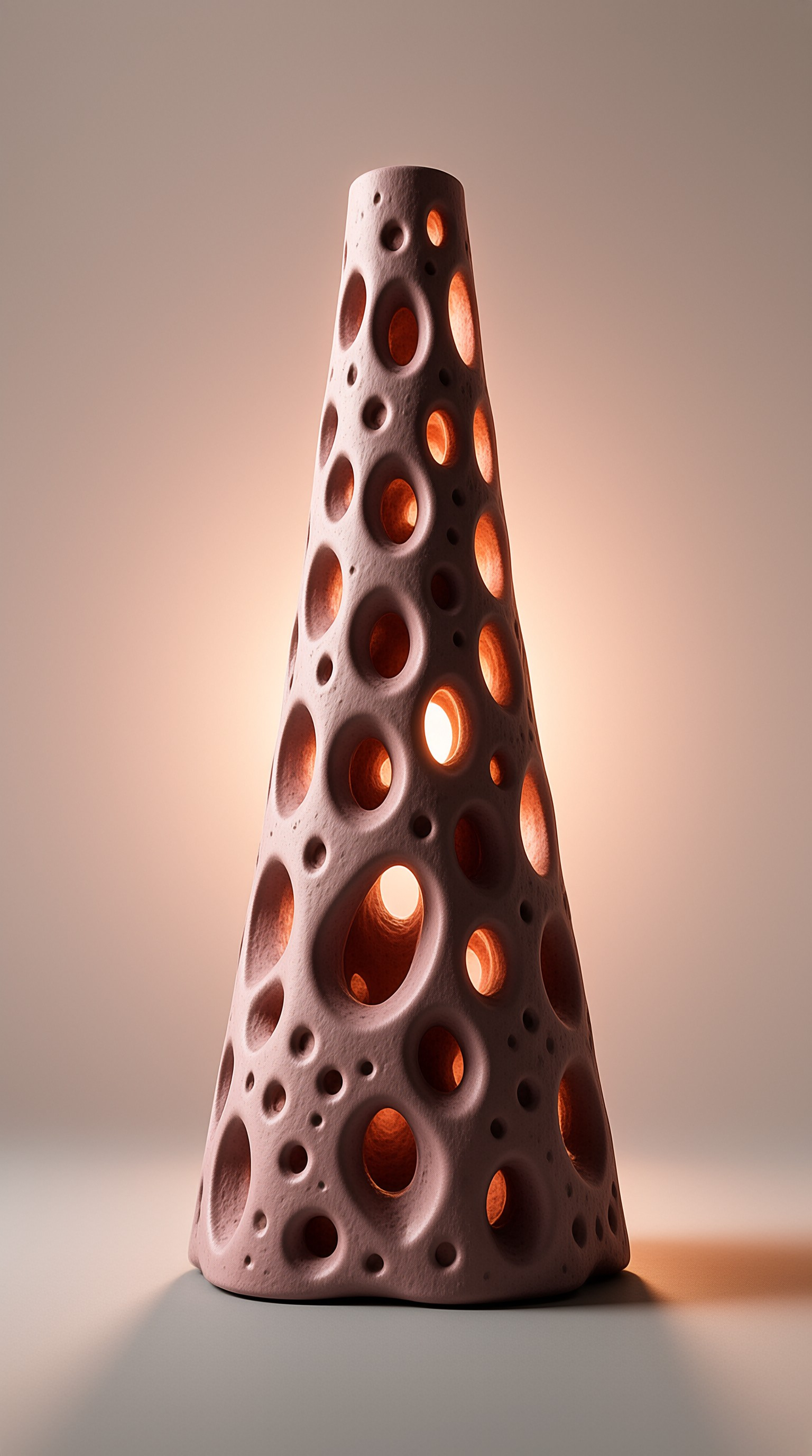 A tall mauve ceramic cone pierced with holes glows softly from an internal light against a warm gradient