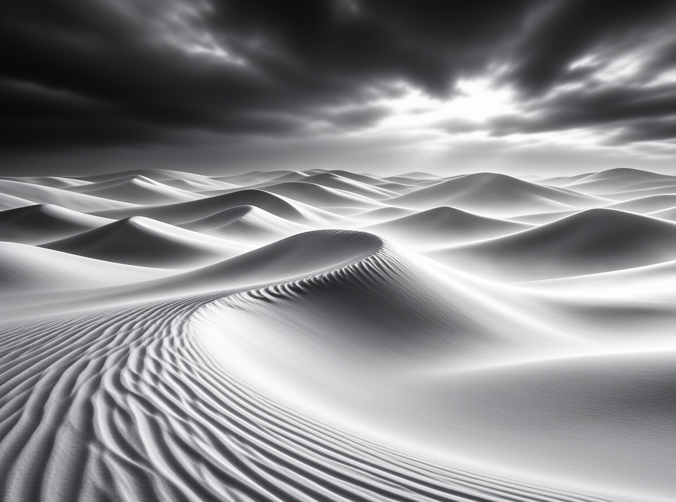 A monochrome landscape showing rolling desert dunes with wind sculpted ripples under a heavy cloudy sky where sunlight breaks through.
