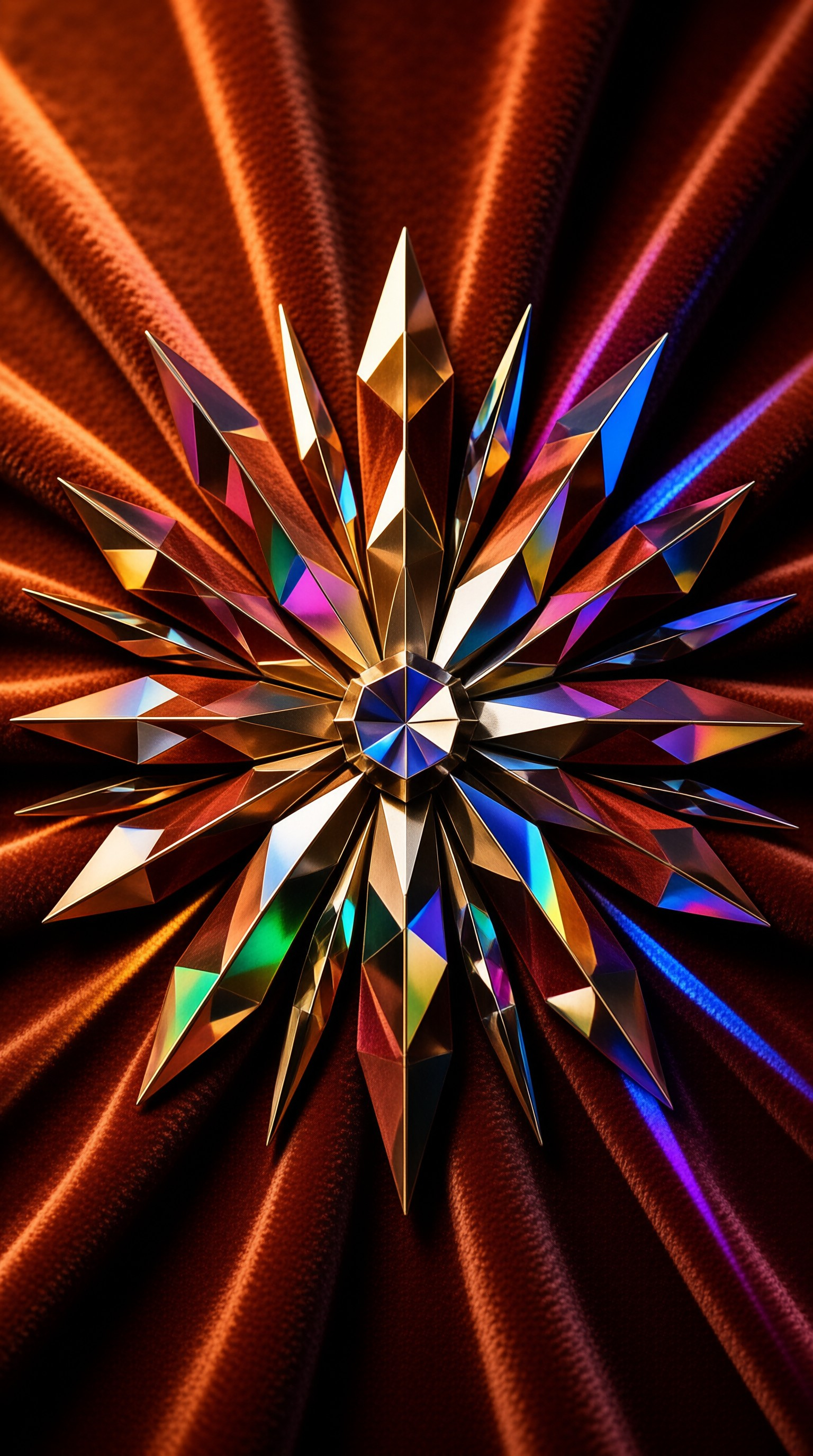 A pointed gold star ornament with iridescent facets radiates against folds of copper velvet fabric.