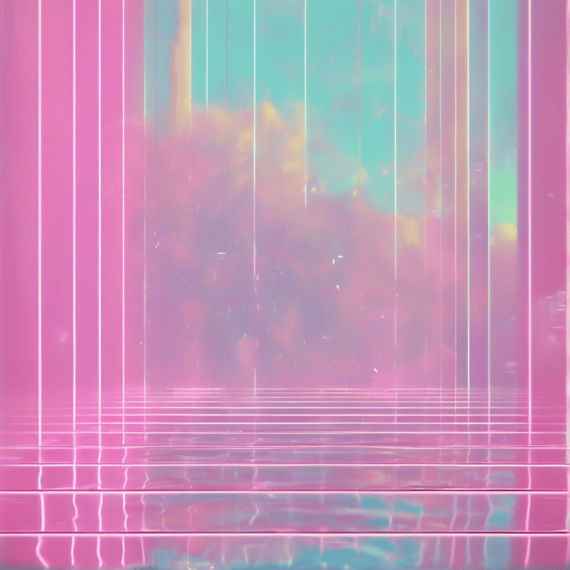 Vertical streaks of magenta and cyan glow above a glossy tiled floor, dissolving into a pastel retro dreamscape of soft fog.