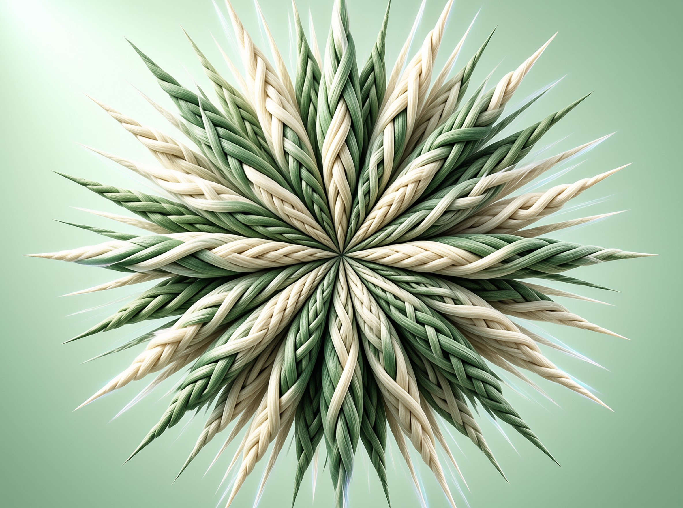 A radial starburst pattern made of interwoven green and beige straw fibers spiraling outward against a pale green gradient background.