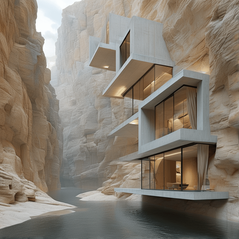 A minimalist concrete and glass residence cantilevers over still water inside a towering sandstone gorge
