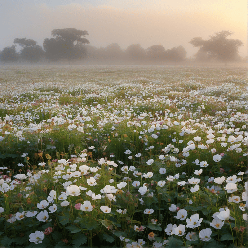 White wildflowers cover a green meadow under soft morning fog while trees fade into the distance.
