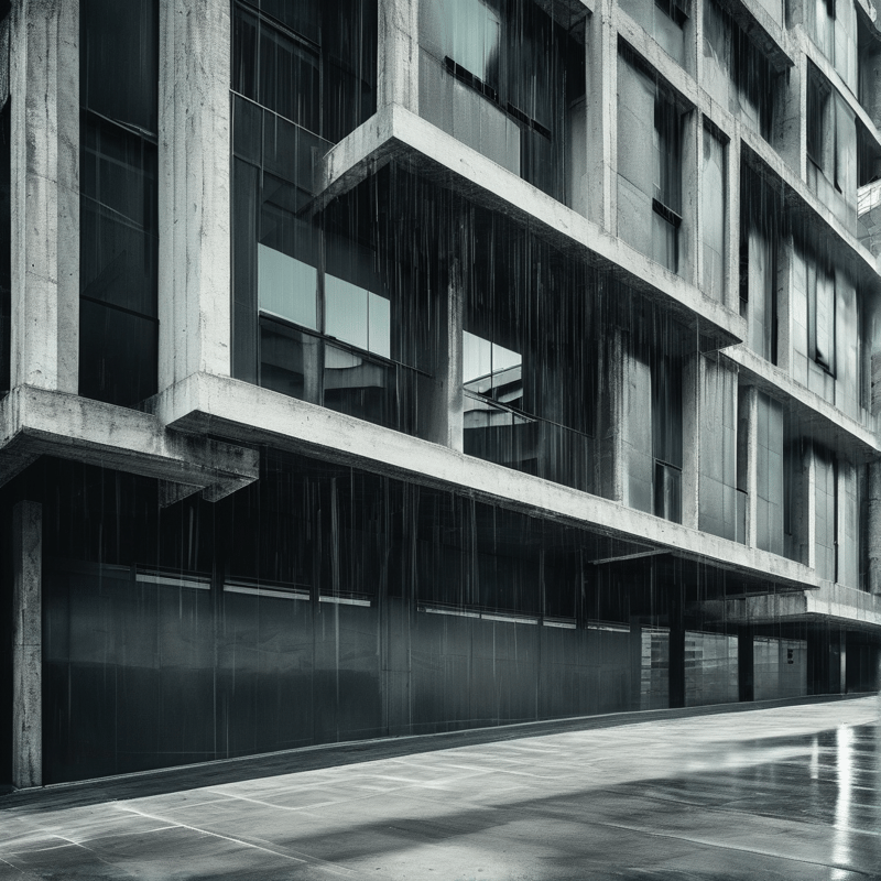 A grey concrete building stands under heavy precipitation with water running down the facade onto the wet ground.