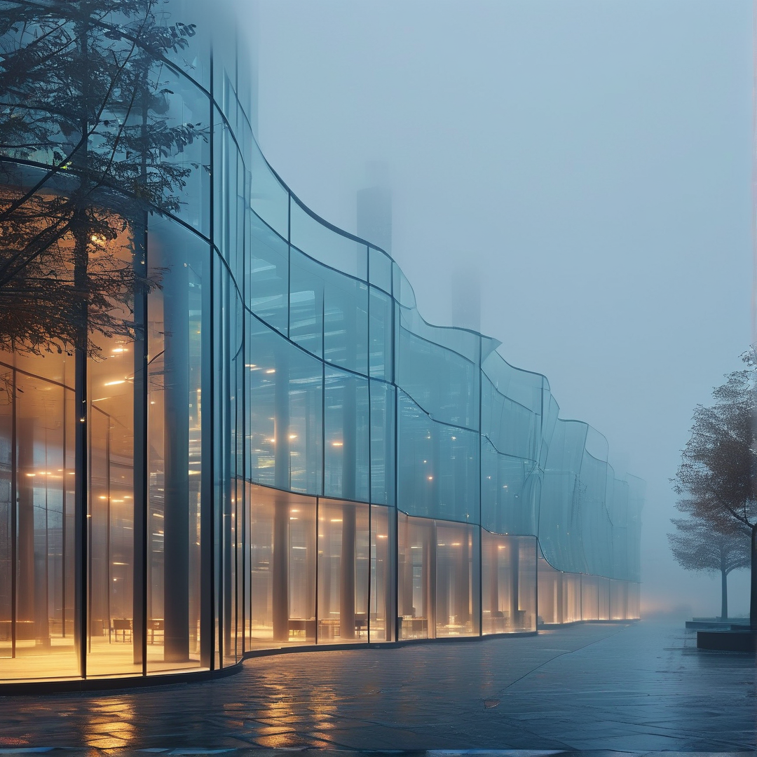 Modern Glass Building in Fog