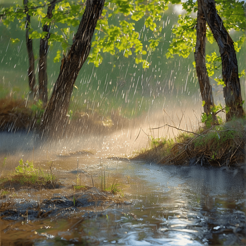 Sunlight filters through bright green foliage as rain splashes across a shallow forest creek winding between dark tree trunks.