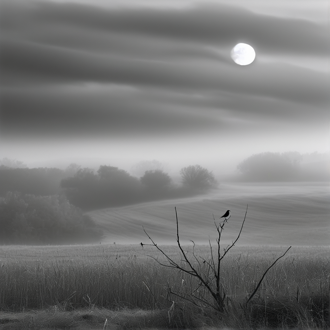 A small bird rests on a bare twig in a foggy meadow while a bright moon hangs in the cloudy sky.