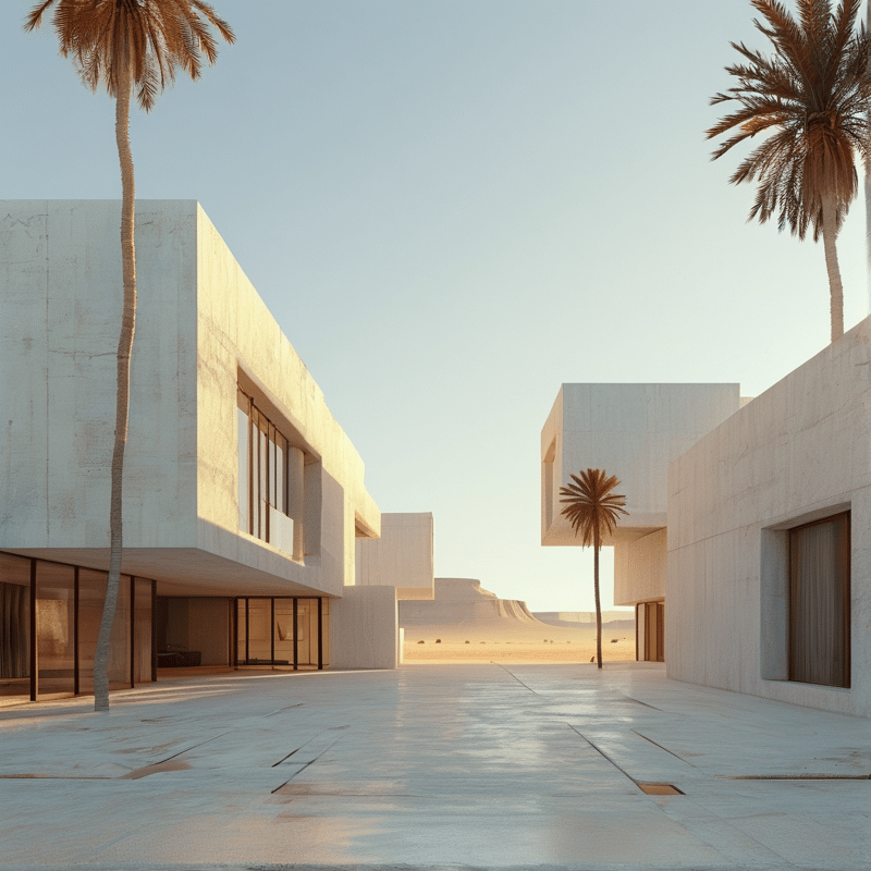 A view of white concrete buildings in a desert landscape featuring tall palm trees and distant rock formations under soft golden light.