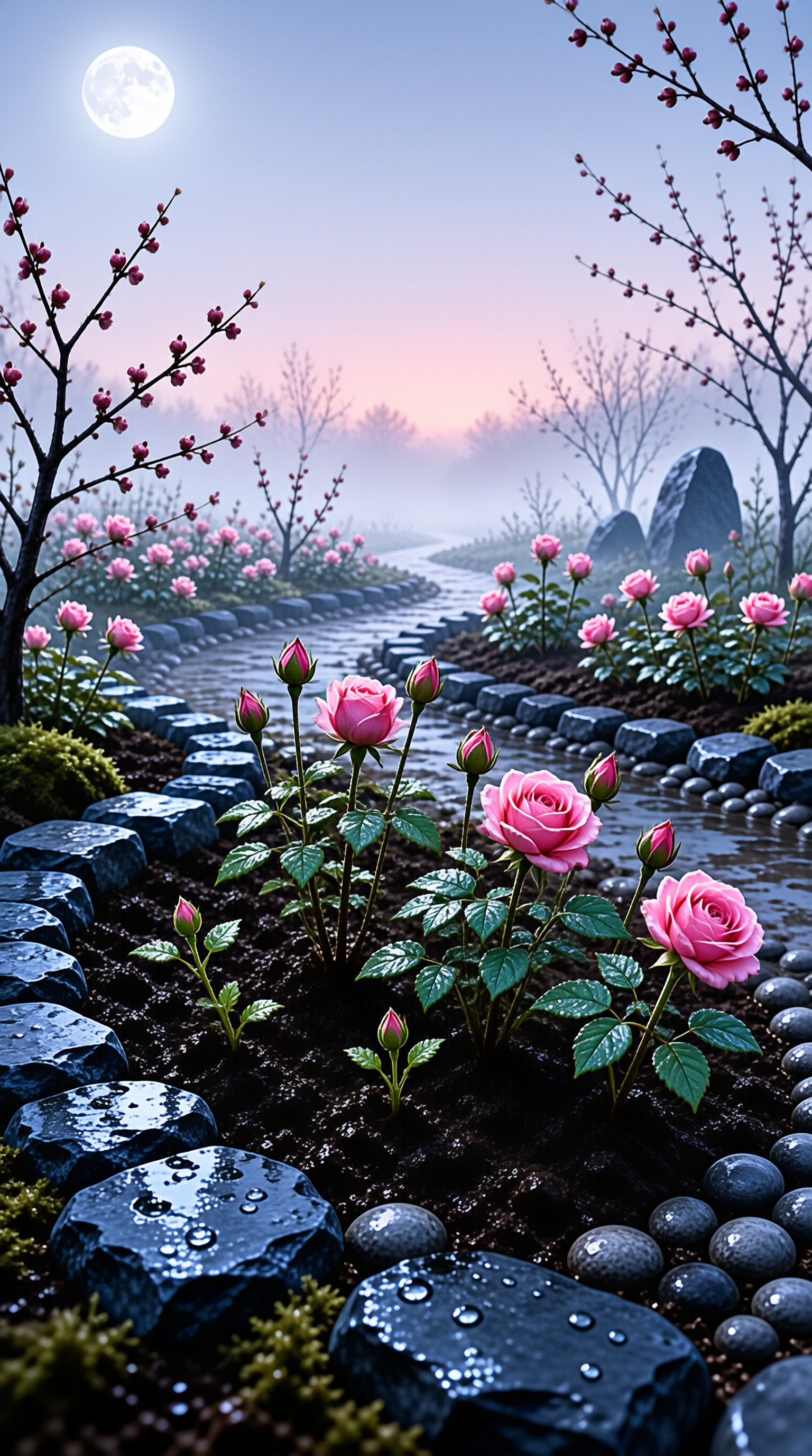 Moonlit Rose Garden Landscape
