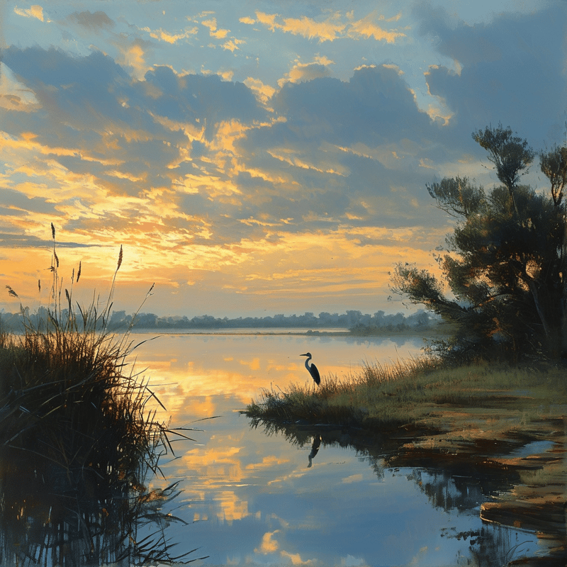A lone blue heron stands on the wetland shore, warm orange sunset light reflecting across the still water and sky clouds.