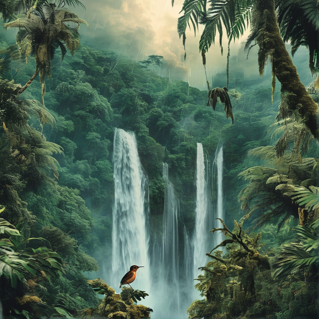 A small bird with a reddish-brown breast sits on a moss-covered branch in a misty rainforest with tall waterfalls in the background.