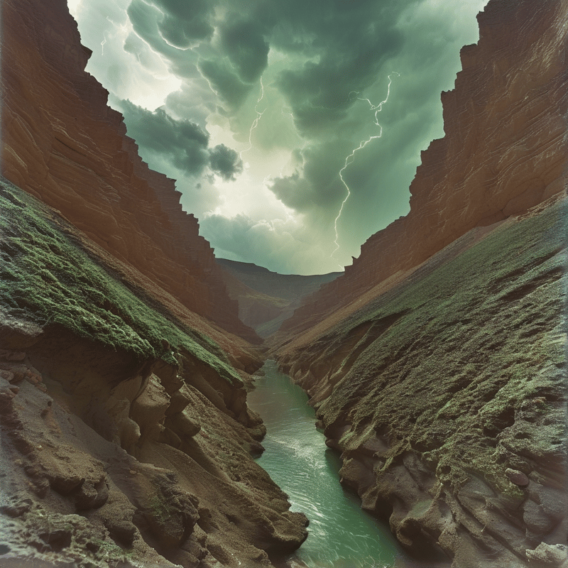 A green river flows through a steep rocky canyon lined with mossy slopes, while lightning arcs through dark storm clouds filling the sky over the gorge.