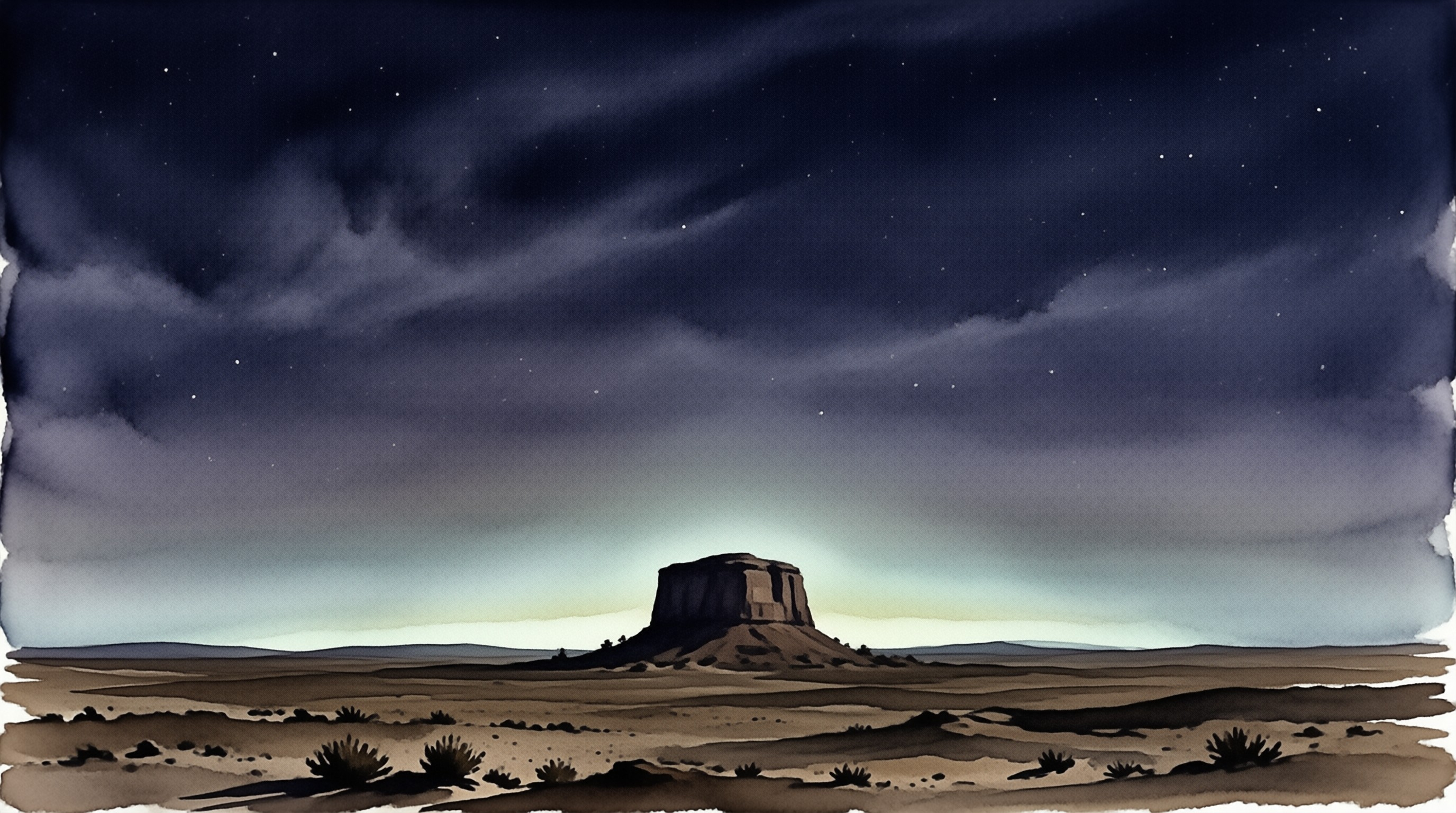 A solitary desert mesa rises from the flat plain beneath a dark blue sky filled with stars and a faint green horizon glow.