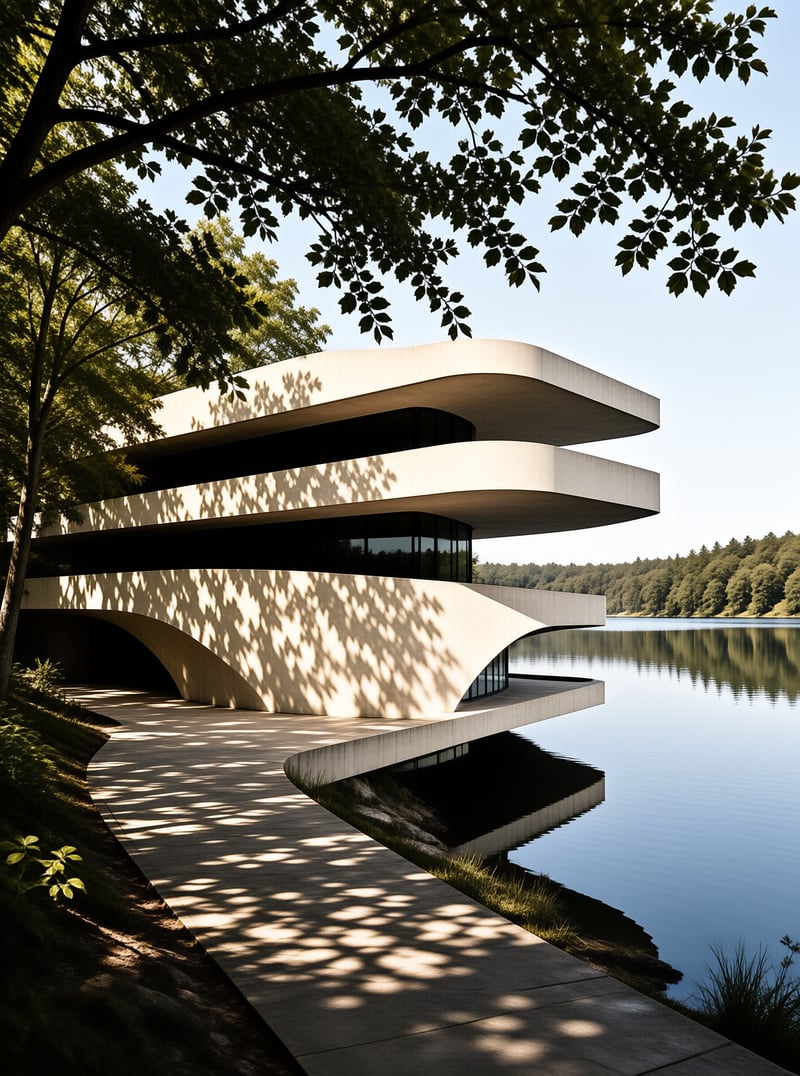 Modern curved architecture extends over a calm lake surrounded by trees with sunlight creating leaf shadows on the building's surfaces