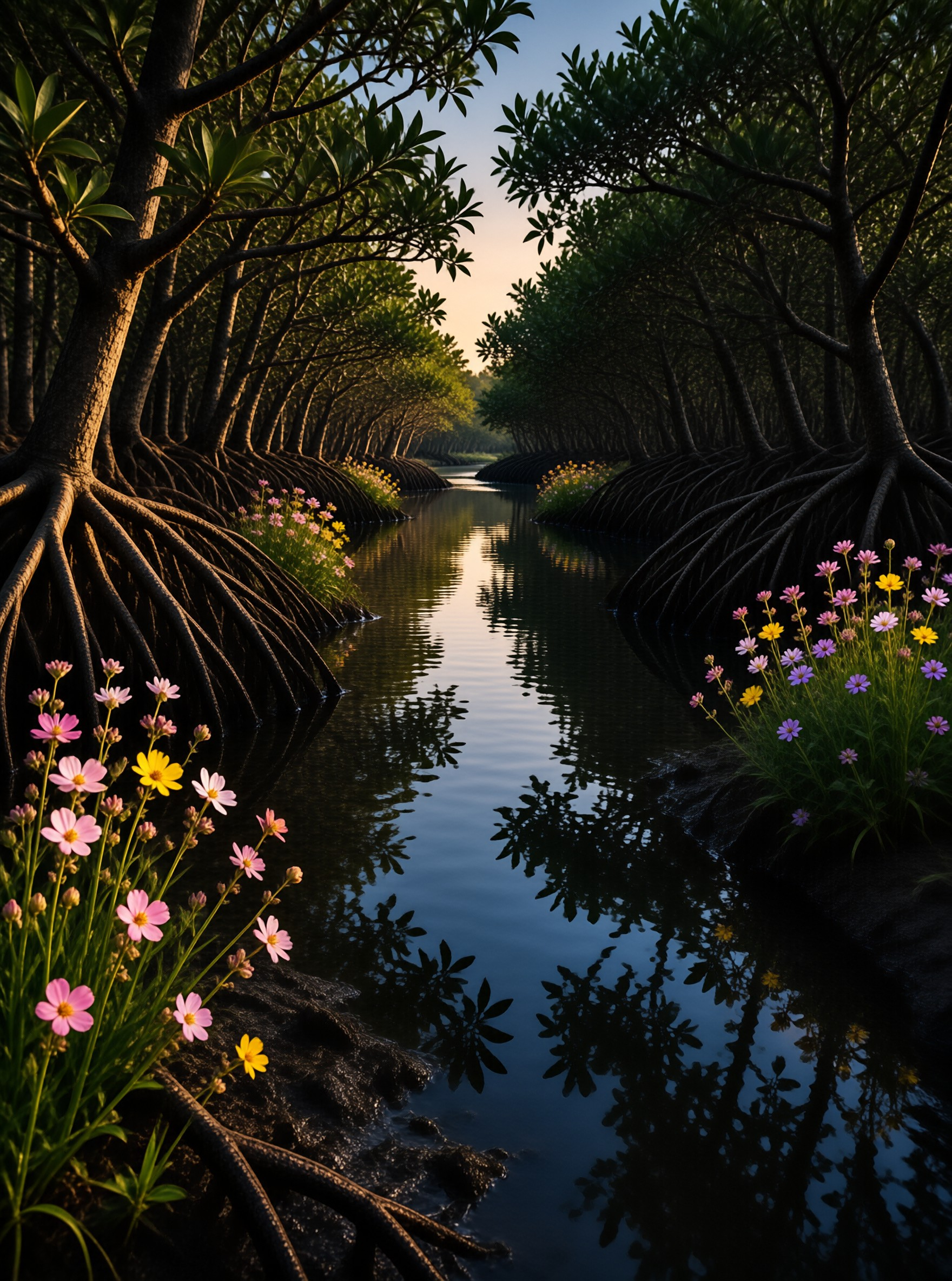 Serene River With Flowers
