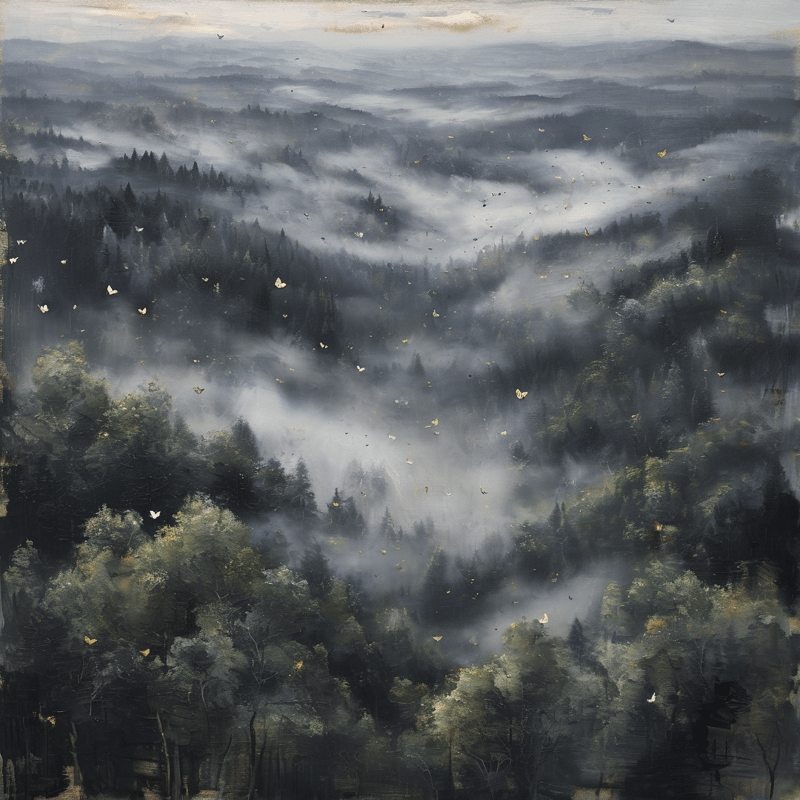 White and gold butterflies drift through low mist over dark rolling pine forests at dawn, muted grey green tones fill hazy landscape.