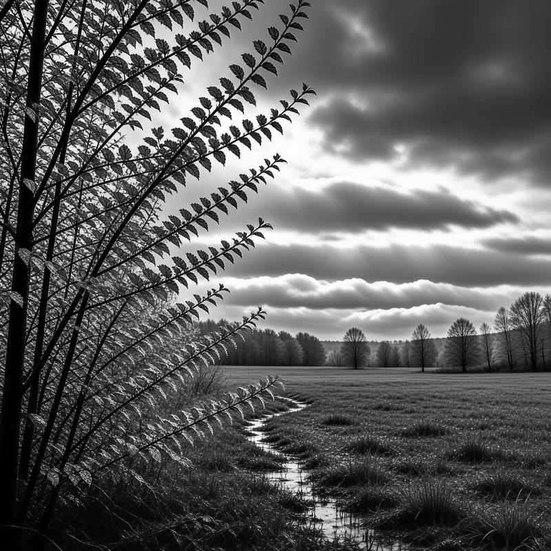 A monochrome rural scene with delicate leafy branches at the left and sunbeams breaking over a far tree line.