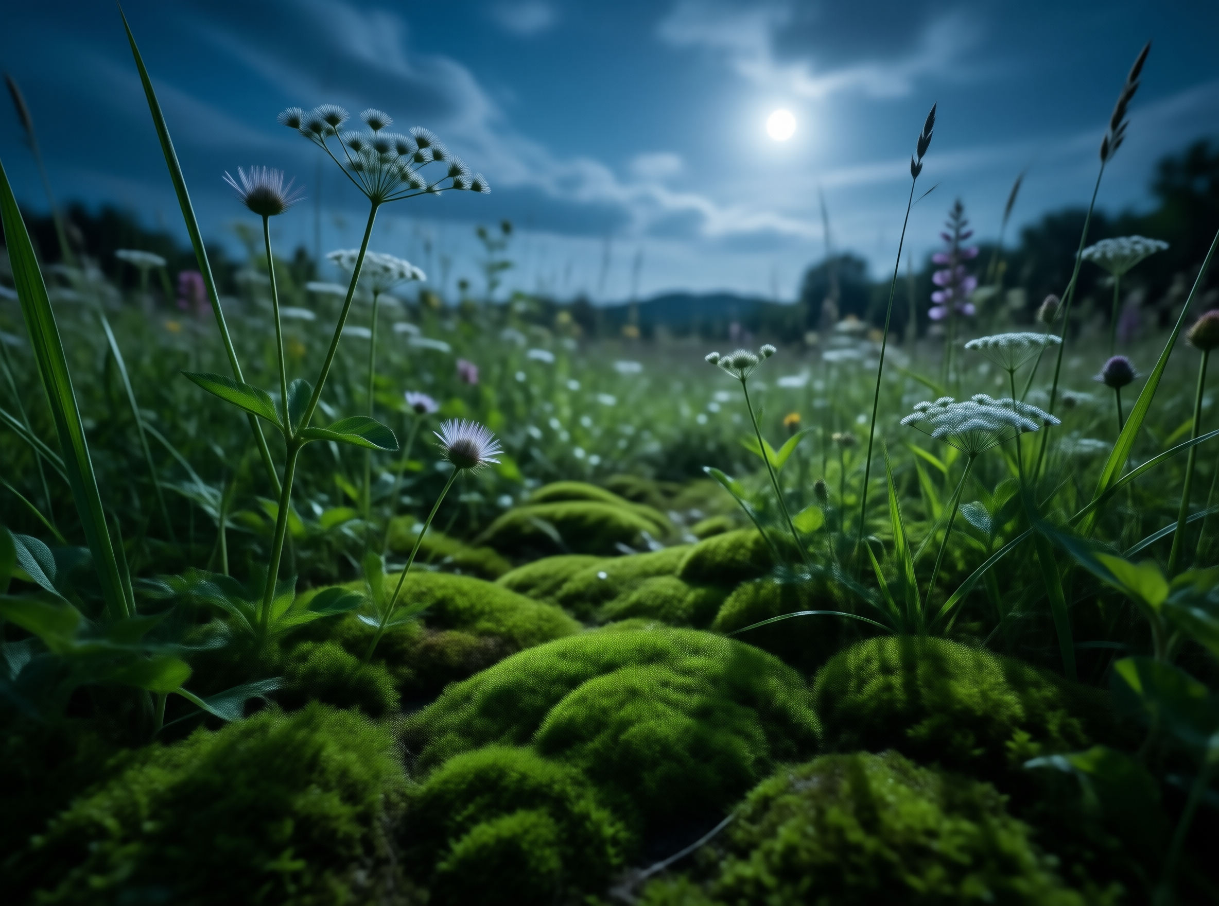 Mossy Meadow Under Moonlight