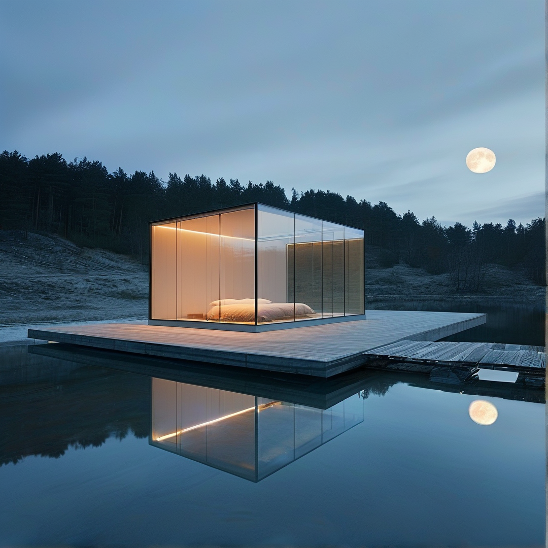 Transparent room on wooden platform over still water reflecting a bright full moon in the twilight sky.