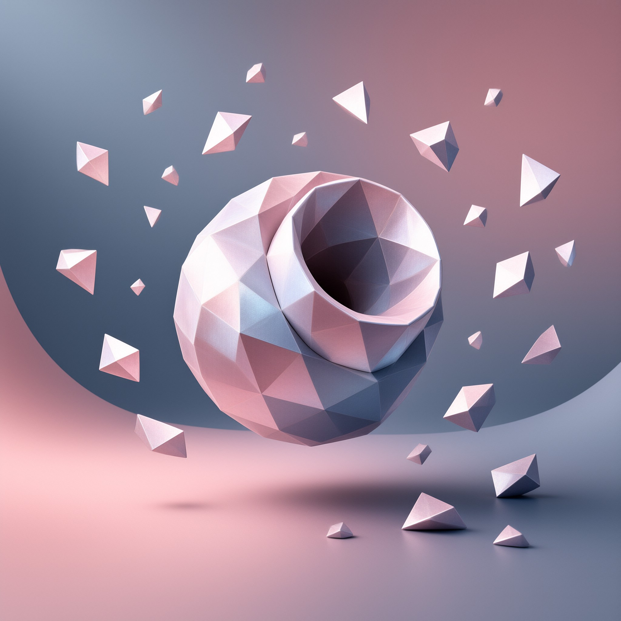 A low polygon geometric sphere with a hollow center floats amid scattered angular shards on a soft gradient backdrop.