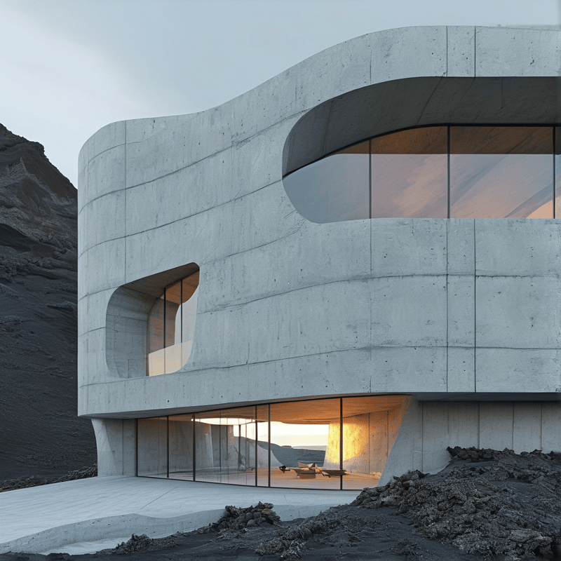A flowing raw concrete two story structure sits on dark volcanic rock, its warm interior lit as dusk falls.