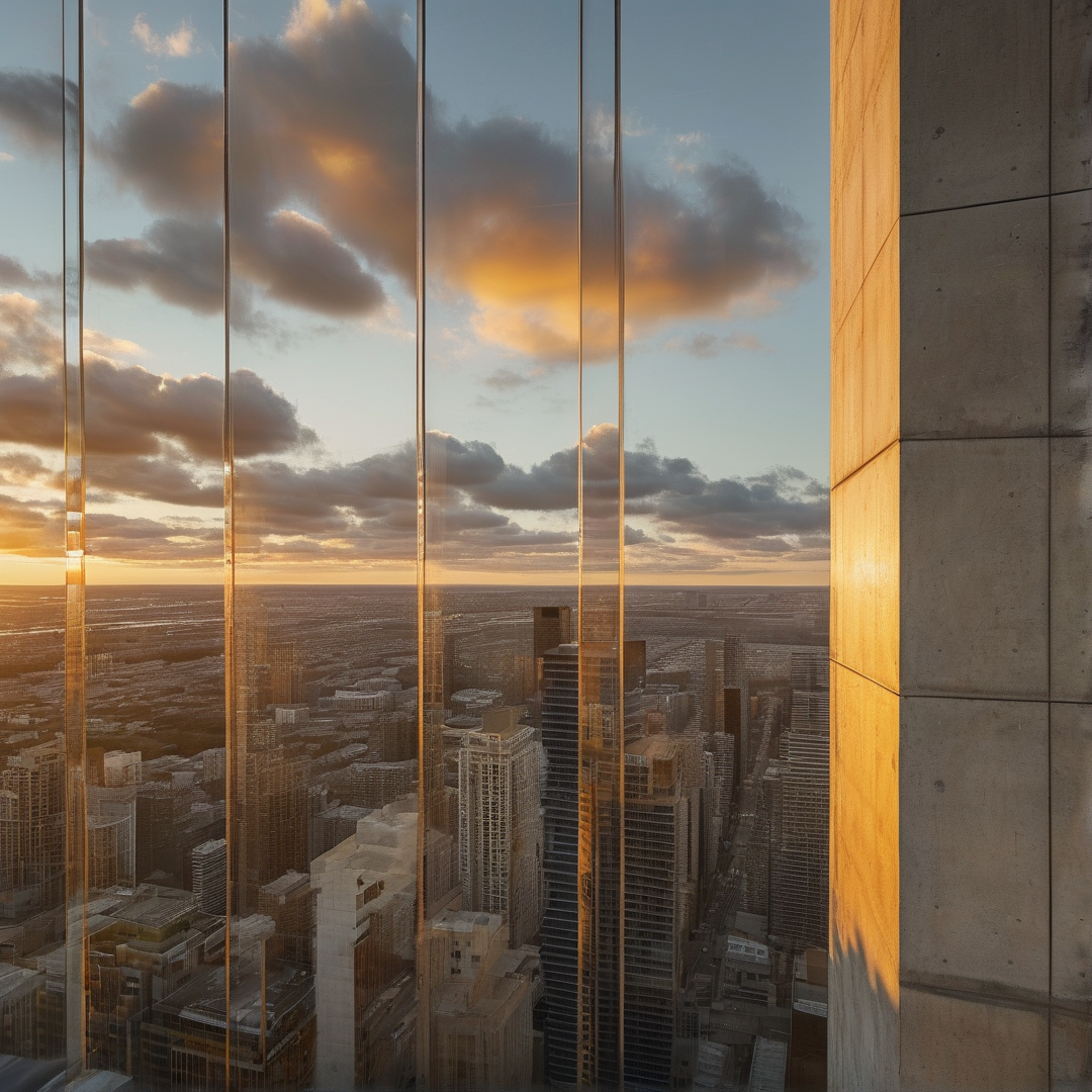 Tall glass windows offer a view of a crowded city skyline illuminated by warm sunset light.