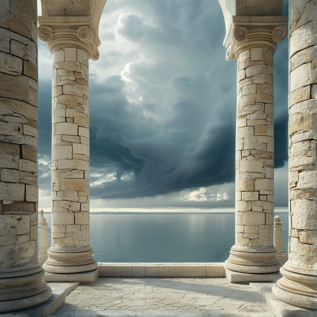 Weathered stone columns create an archway overlooking a calm sea under a heavy sky full of dark storm clouds.