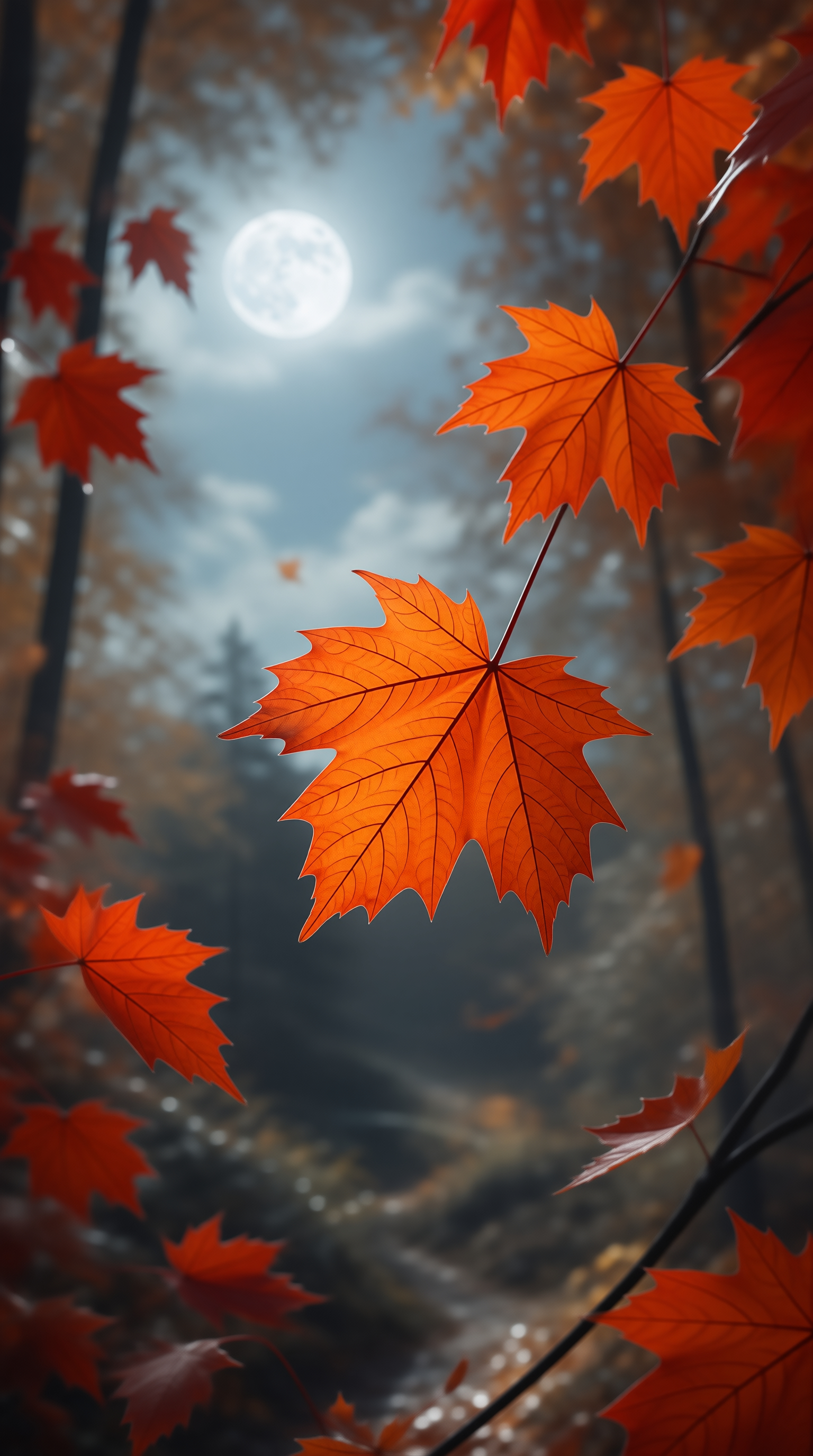 Autumn Maple Leaves and Moon