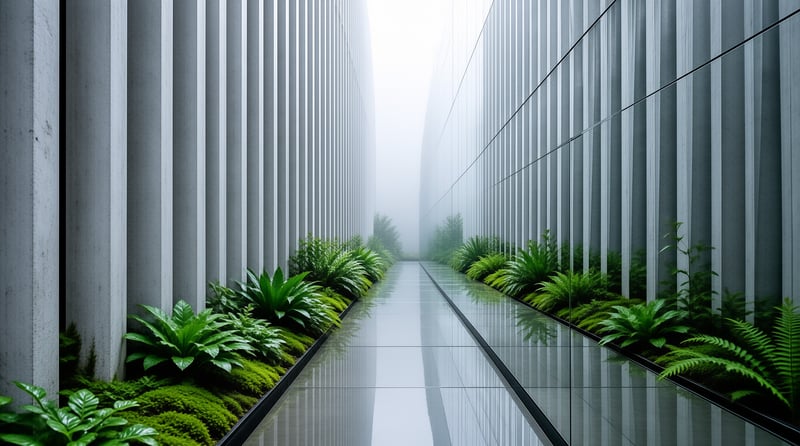 A sleek modern walkway of vertical concrete fins and mirrored glass is softened by beds of green ferns