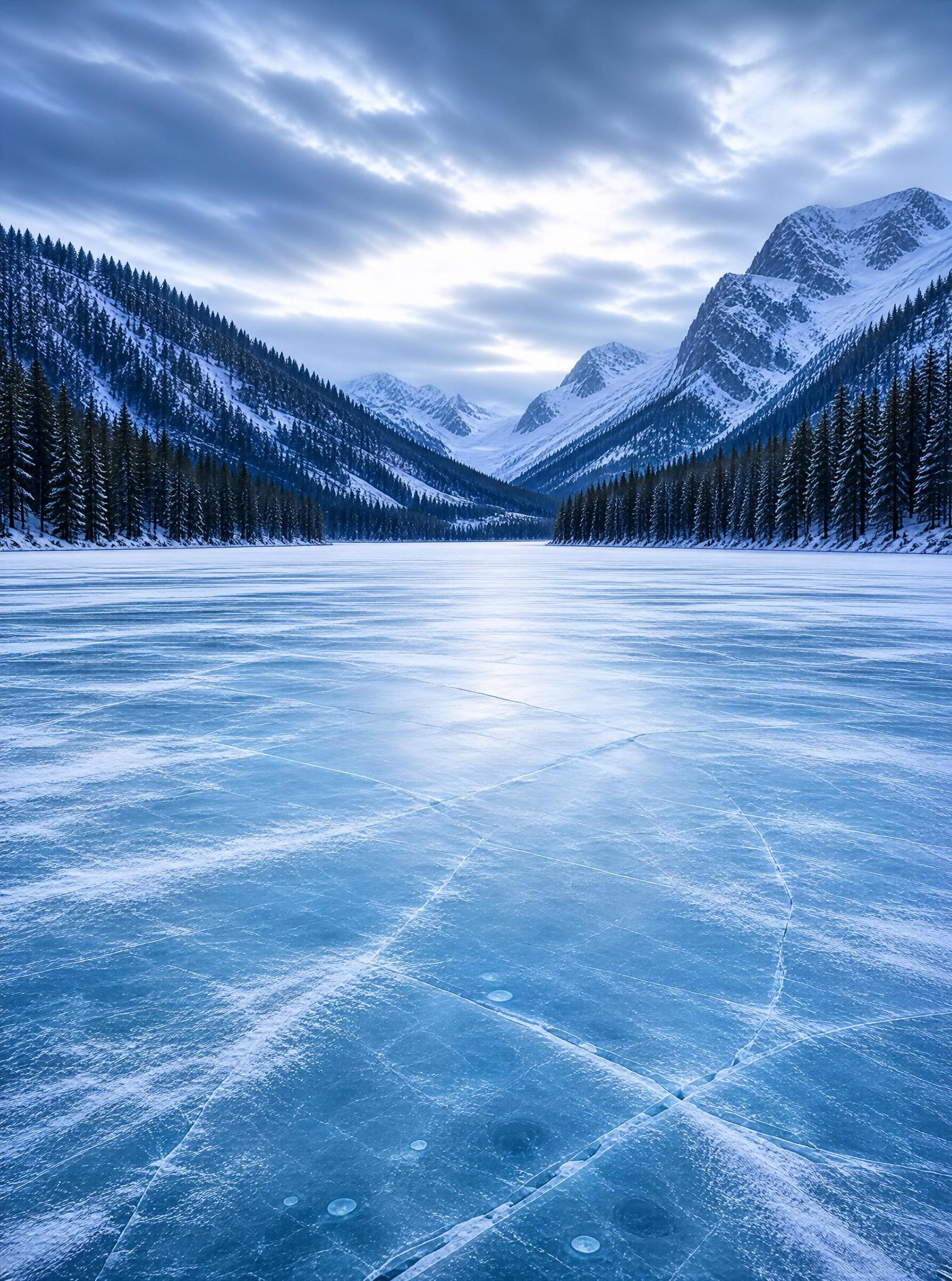 Frozen Lake in Mountain Valley