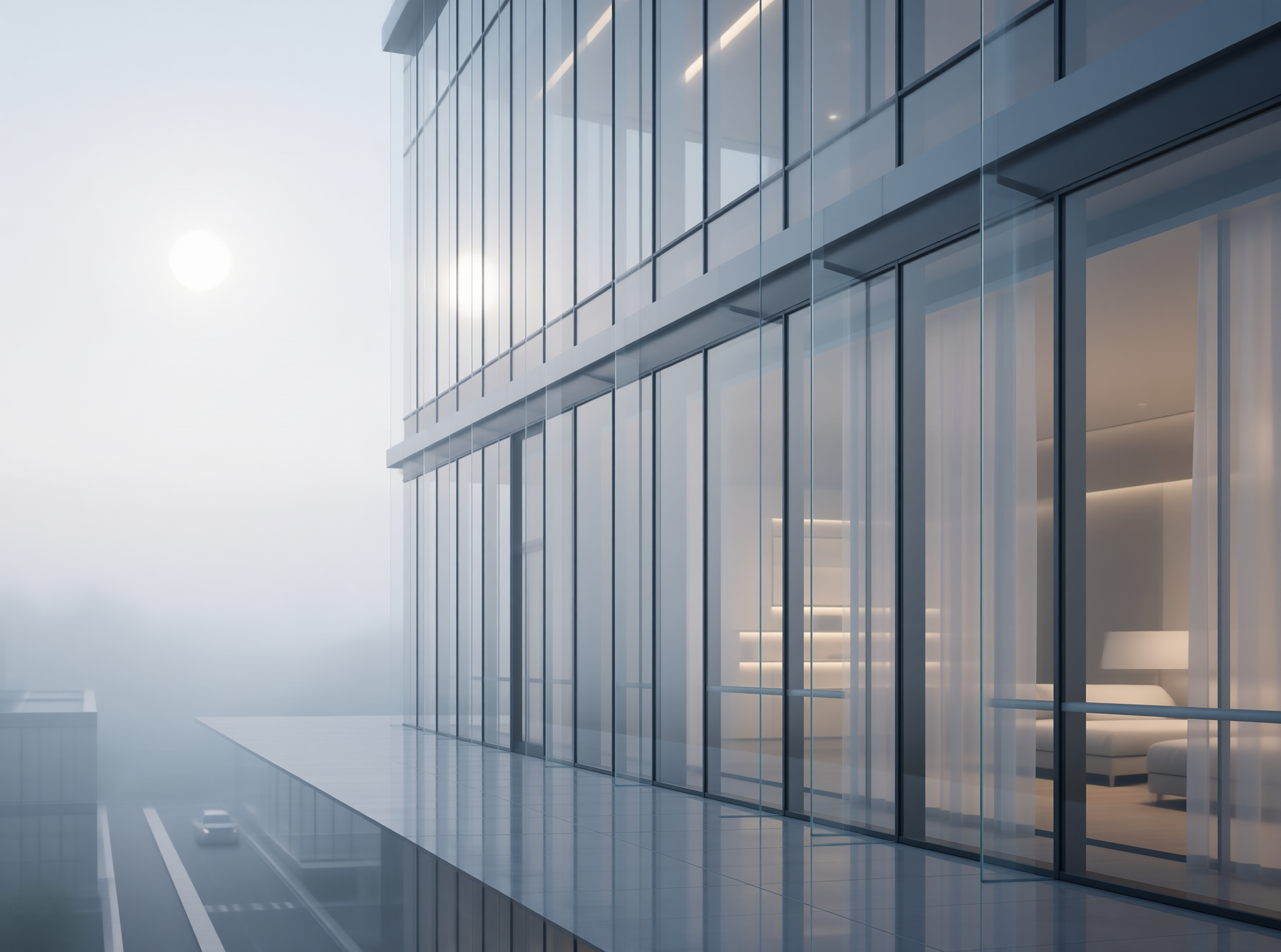 Modern Glass Architecture in Fog