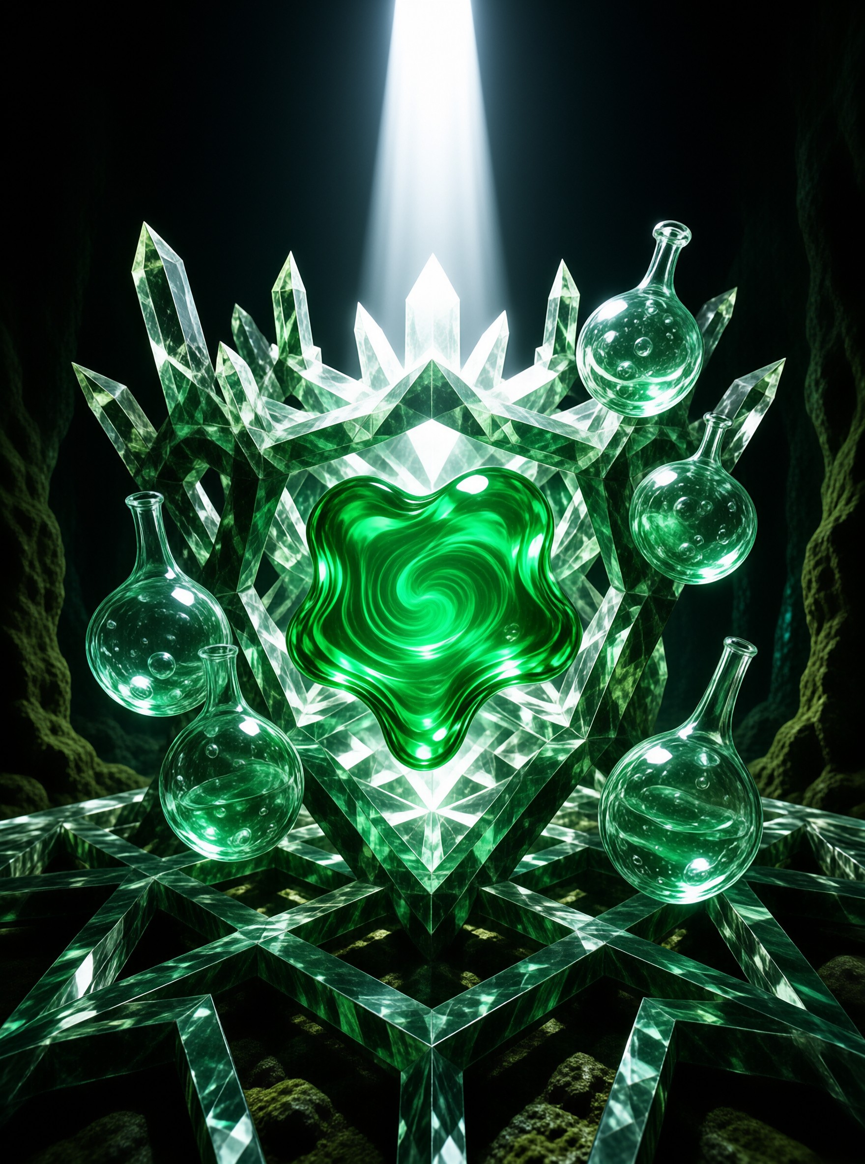 Magical Green Crystal and Flasks