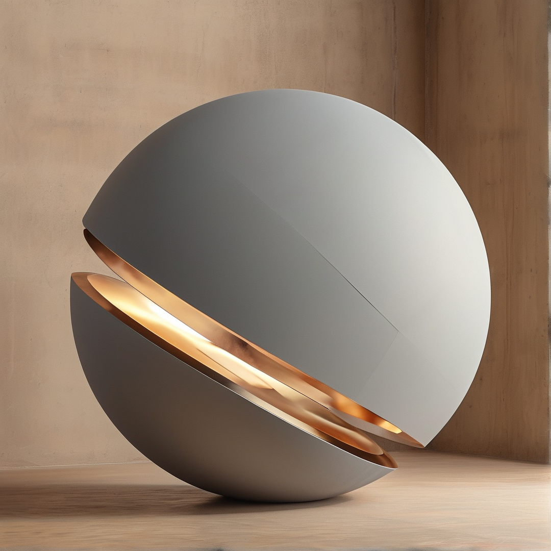 A matte white sphere with a slanted cut reveals a reflective gold interior while resting on a wooden surface.