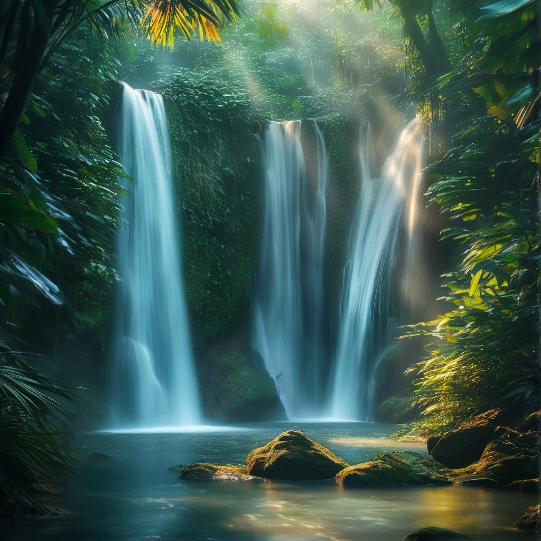Sunlit Tropical Waterfall