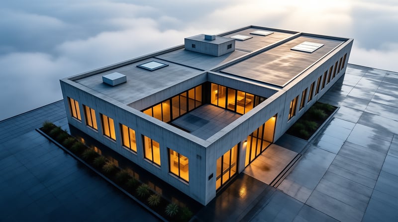 A minimalist gray structure with warm interior lighting stands surrounded by dark water and rising fog under twilight skies.