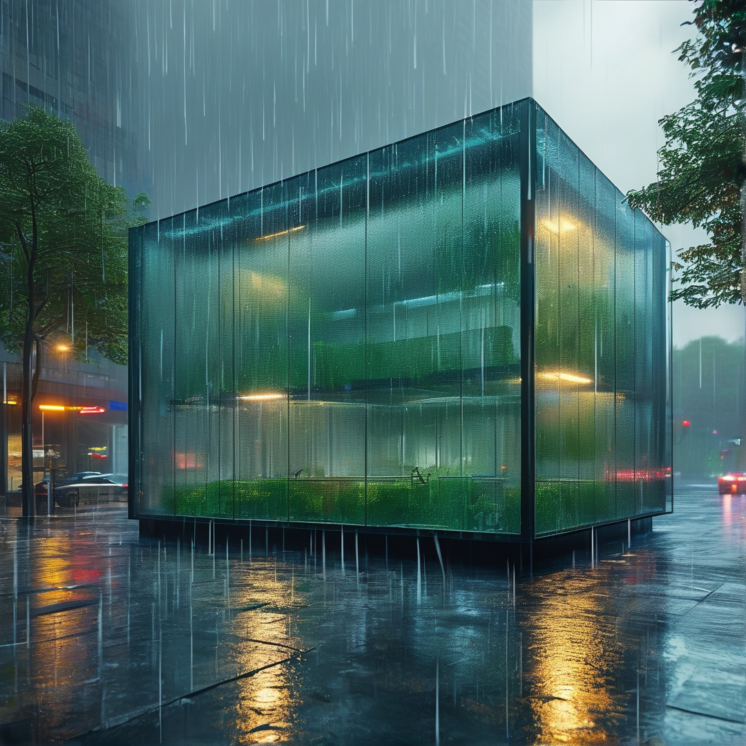 A rectangular glass structure filled with green plants stands on a wet sidewalk during a rainstorm reflecting city lights.