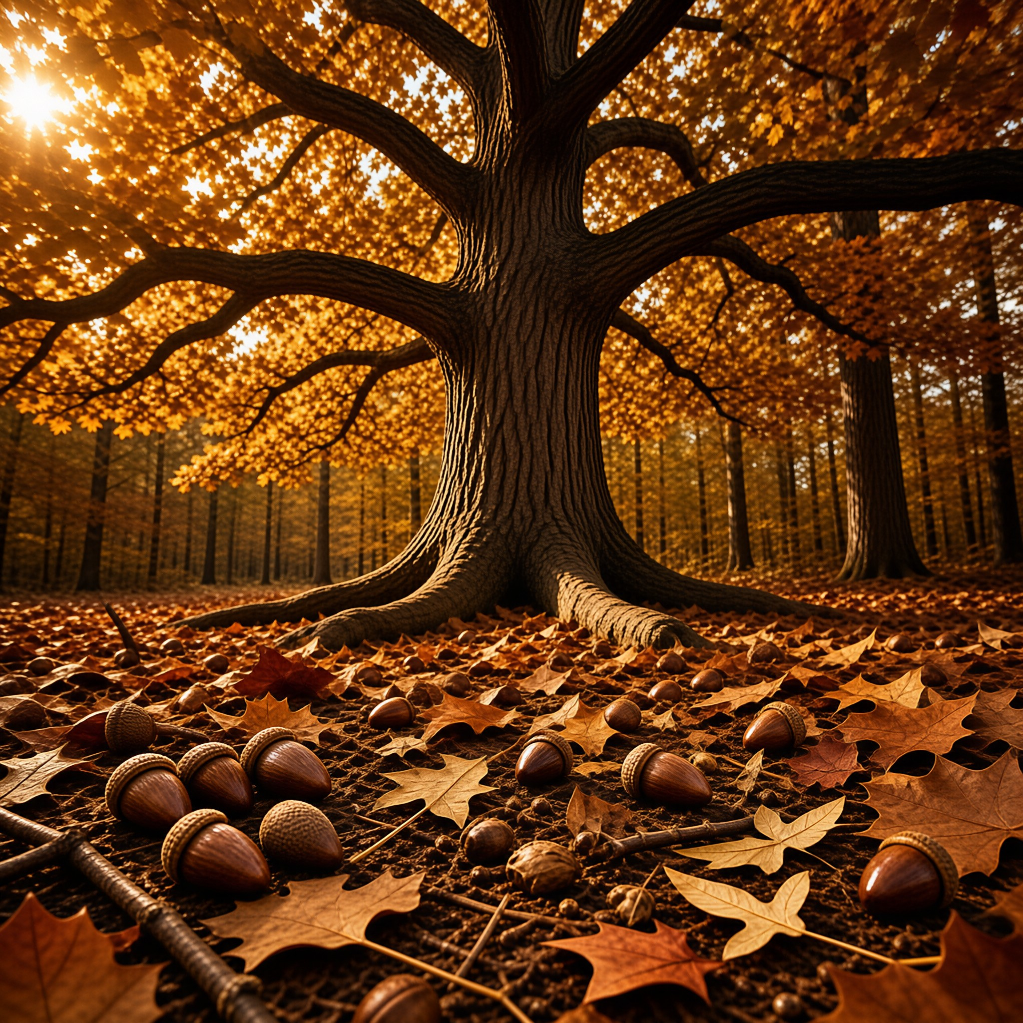 A large oak tree stands prominently in a forest covered with fallen leaves and acorns under warm sunlight.