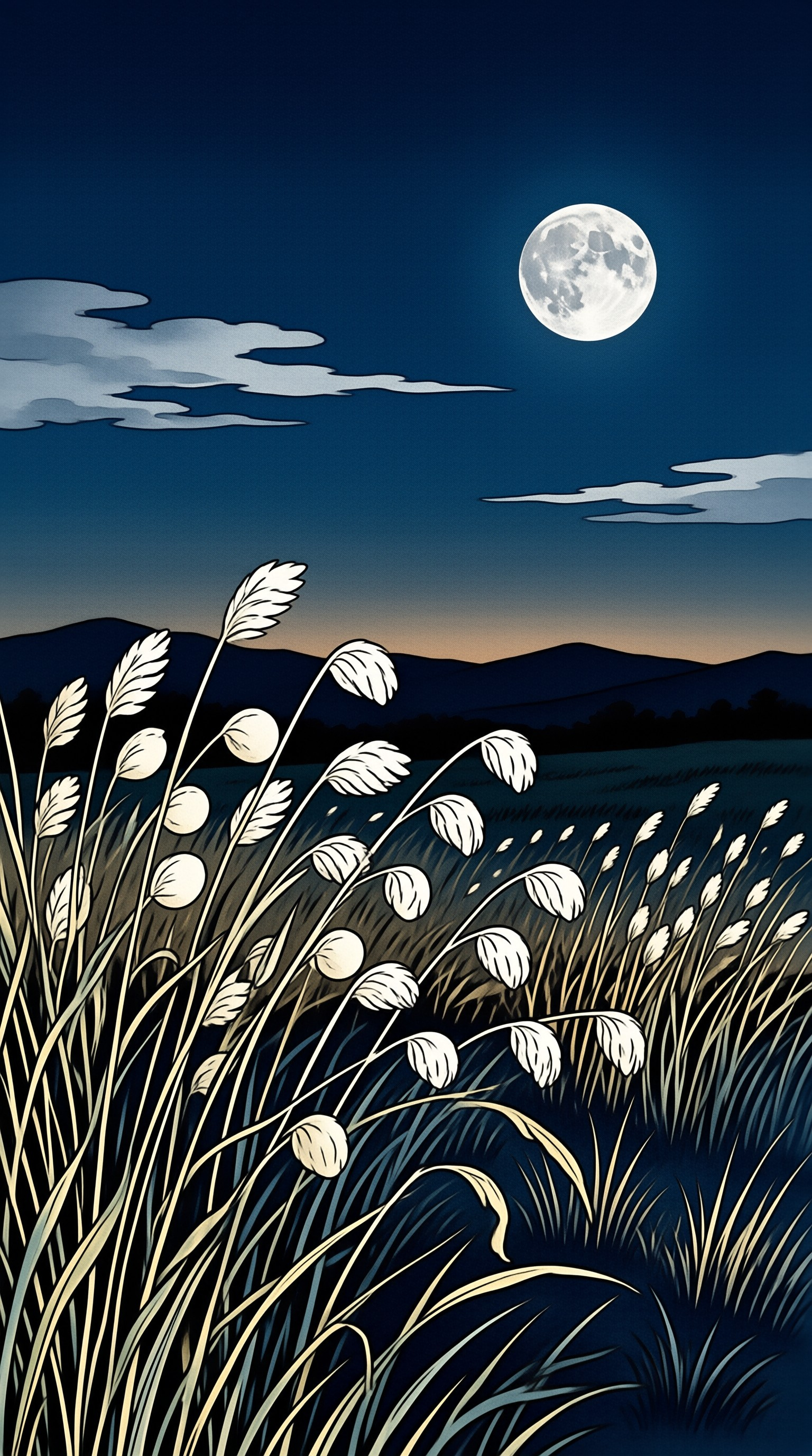 Stylized white wheat stalks sway beneath a bright full moon in a dark blue night sky with distant hills.