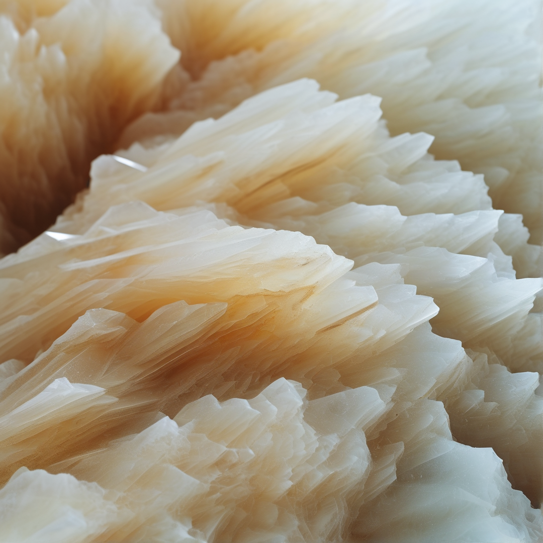 Translucent white mineral fins overlap each other creating layers of warm yellow light.