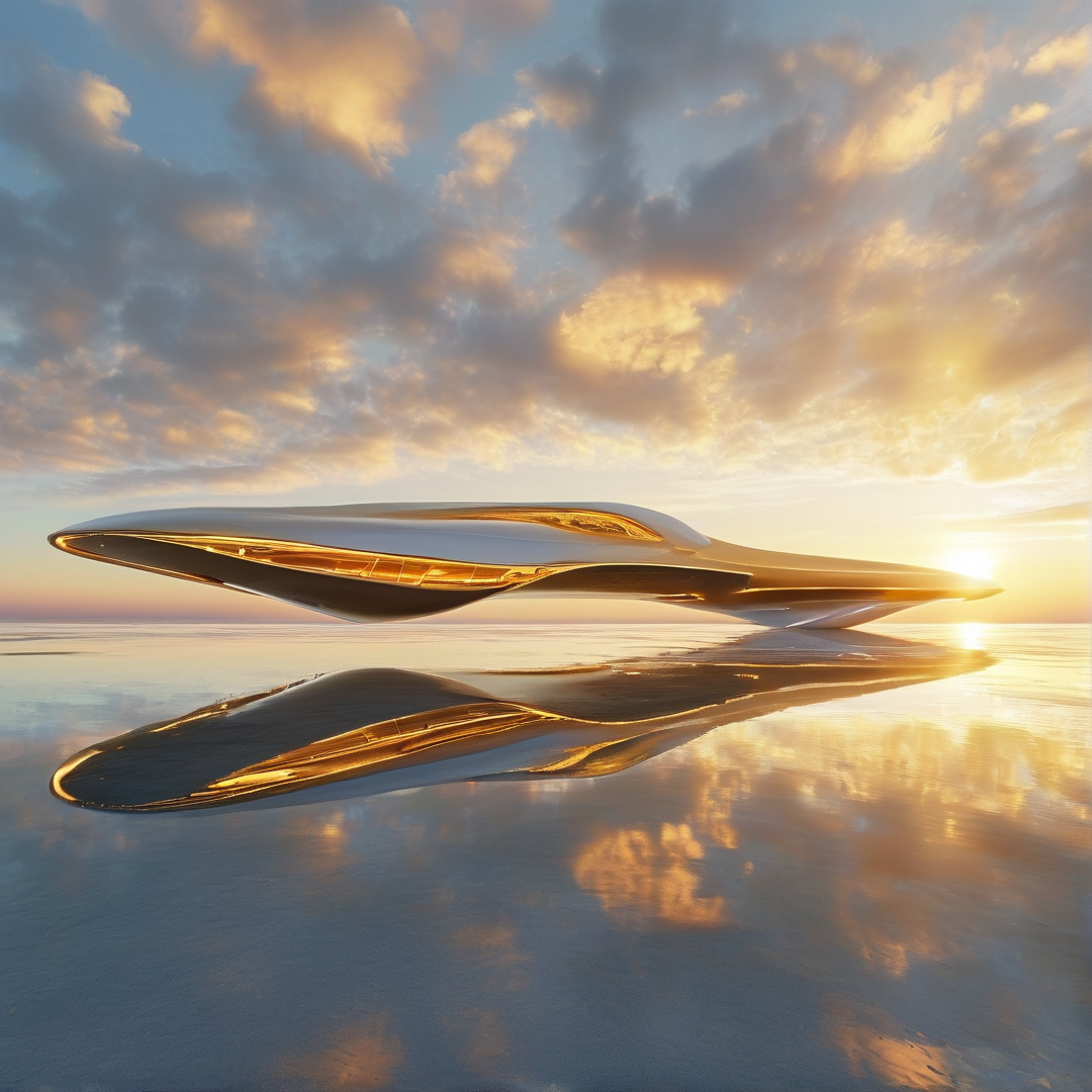 A streamlined metallic craft hovers just above a mirror-like surface reflecting the warm hues of a sunrise sky.