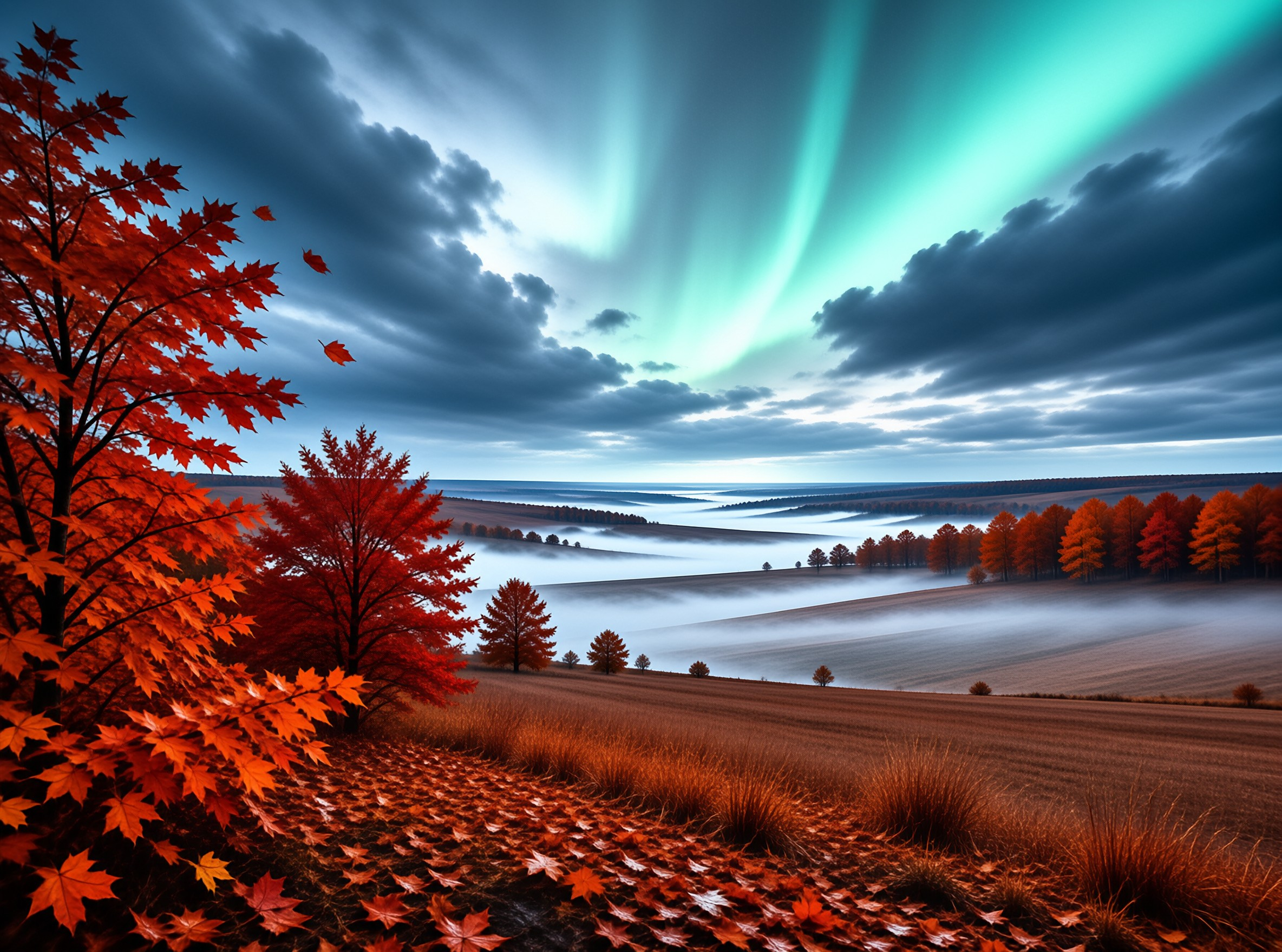 Autumn Landscape with Aurora
