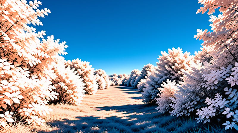 A long dirt path stretches into the distance flanked by dense bushes with bright white leaves against a vivid blue sky with sunlight casting shadows on the grassy ground.