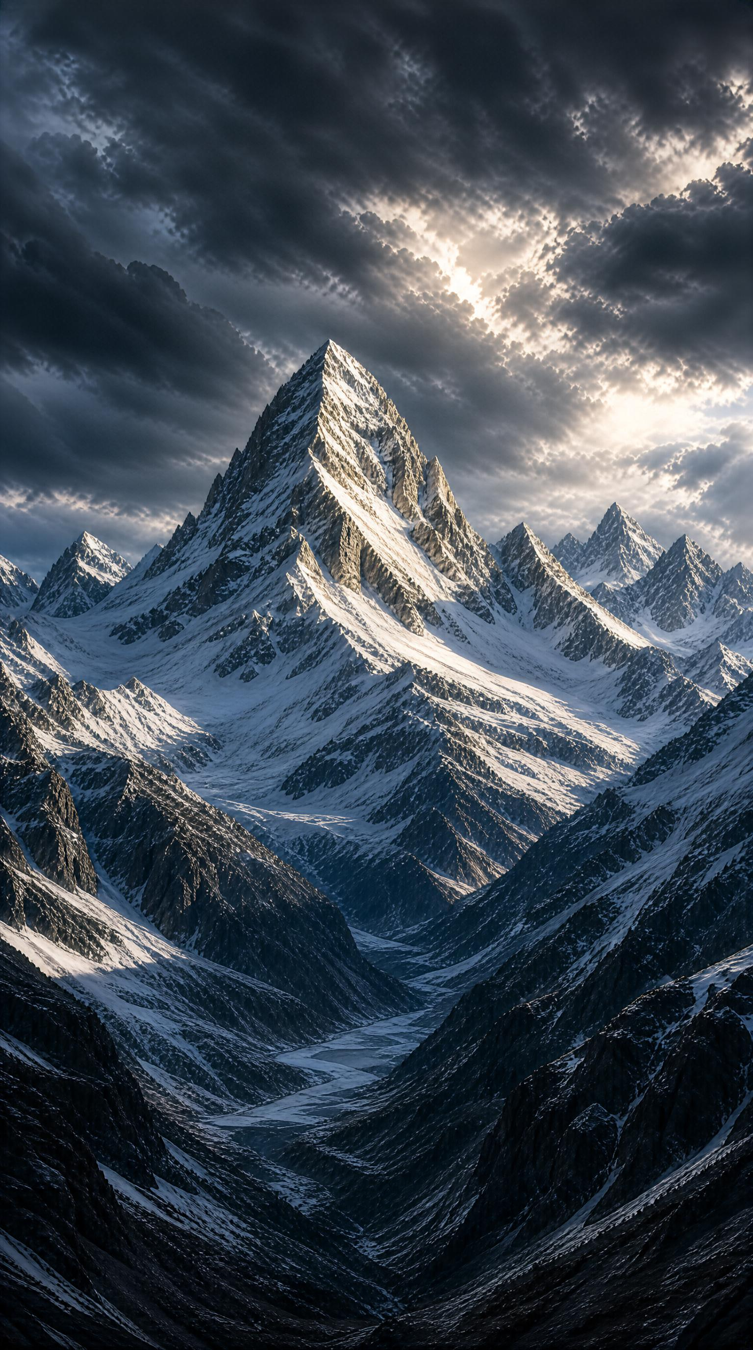 Snowy Mountain Peak Under Dark Clouds