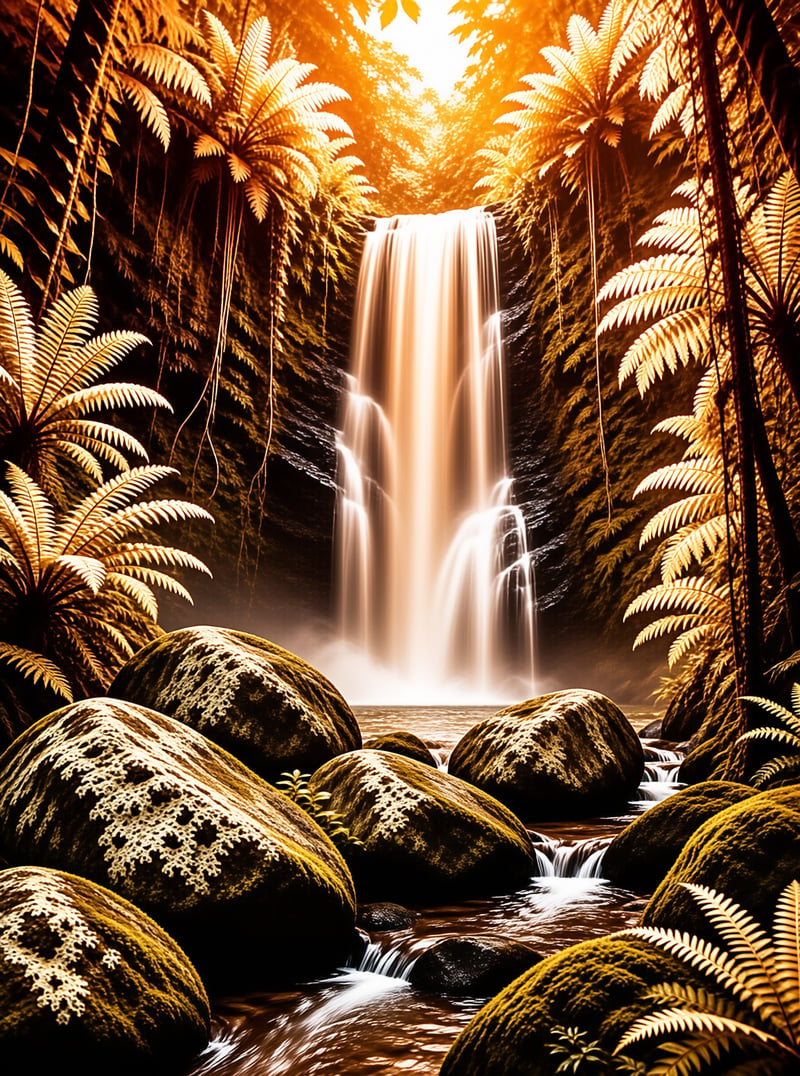 Sunlight pours through a tropical gorge where a tall cascade falls behind moss covered boulders among glowing fern fronds.