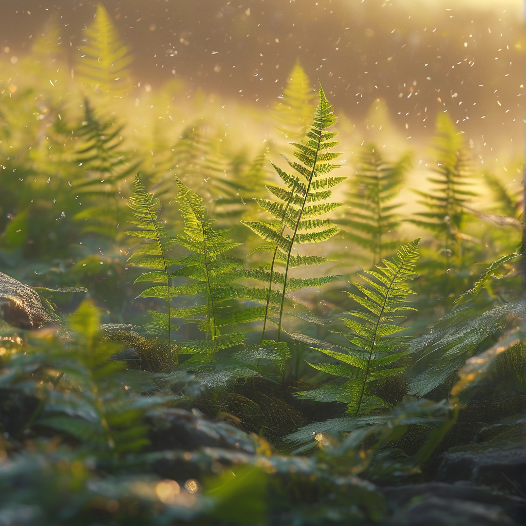 Golden Sunlit Forest Ferns