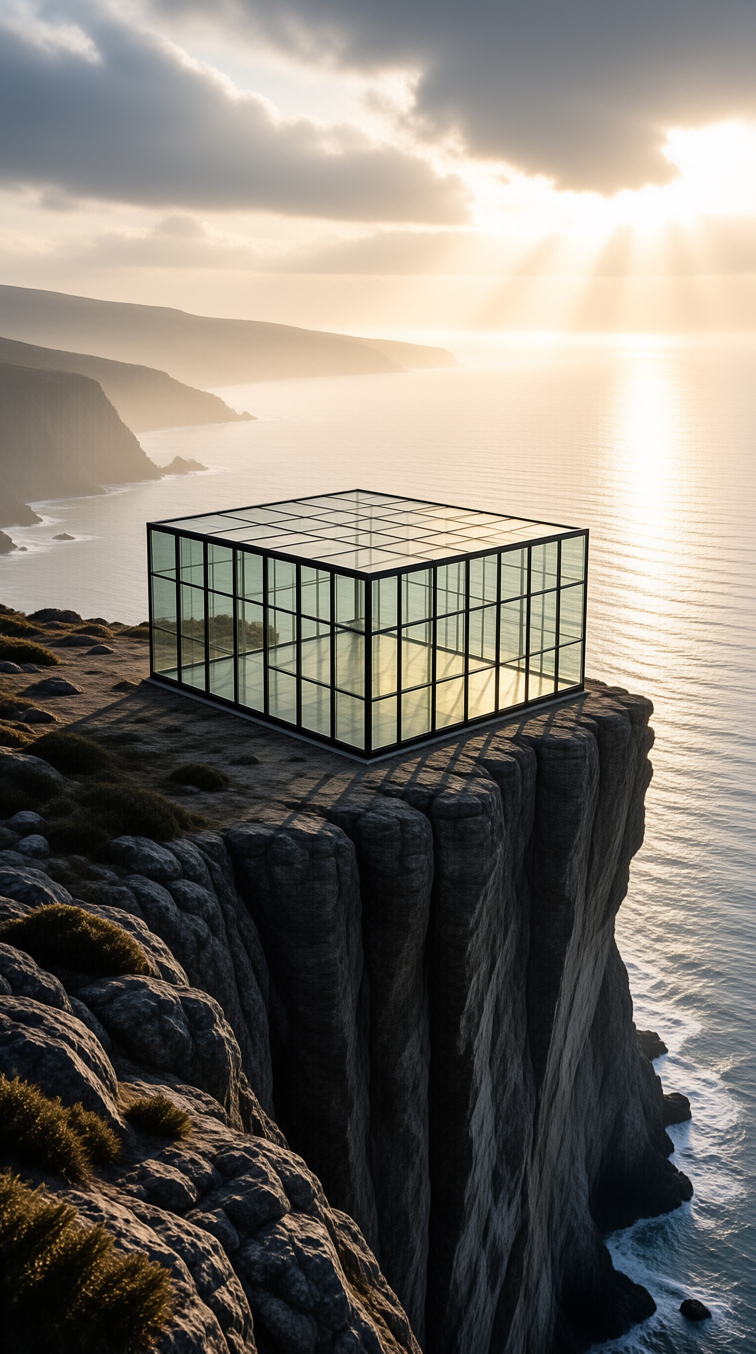 A transparent glass cube framed in black steel rests on a rocky headland while sunbeams fan over a calm sea