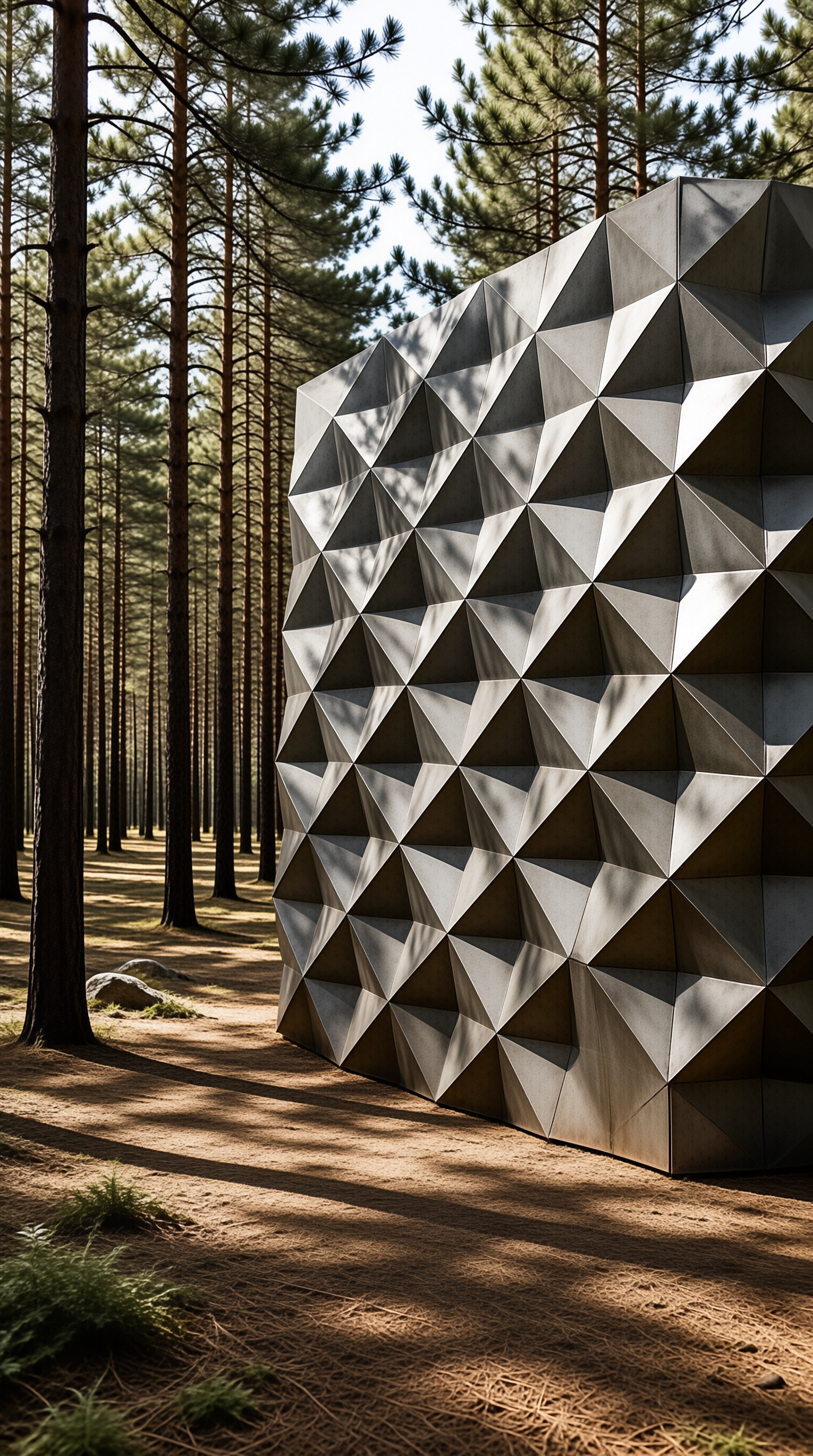 A faceted metal sculpture stands in a pine forest, casting shadows on the ground as sunlight filters through the trees.